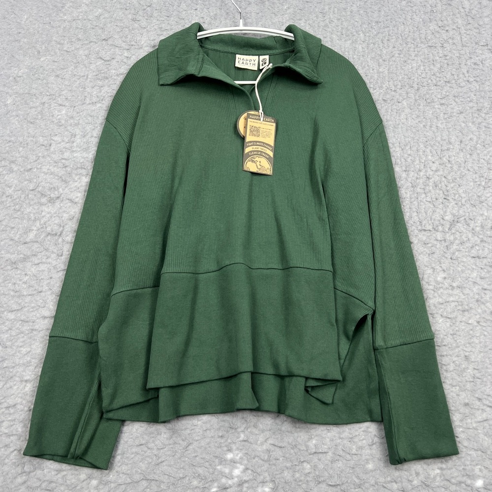 NEW Happy Earth Polo Sweater Women's Large Green Organic Knit Ribbed Pullover